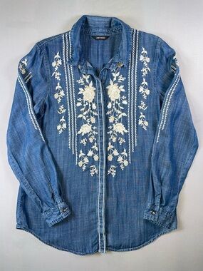 DRIFTWOOD Auger Falls Chambray Floral Embroidered Blouse Roomy Size Small